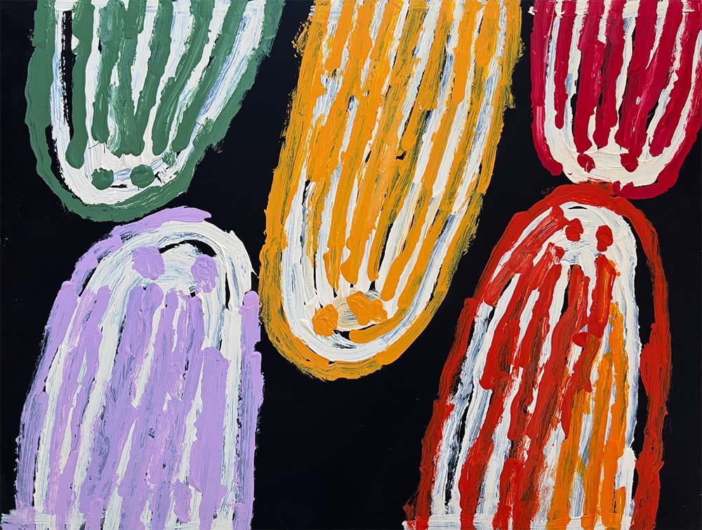 Abstract painting of five elongated, oval shapes in green, yellow, red, purple, and orange on a black background.