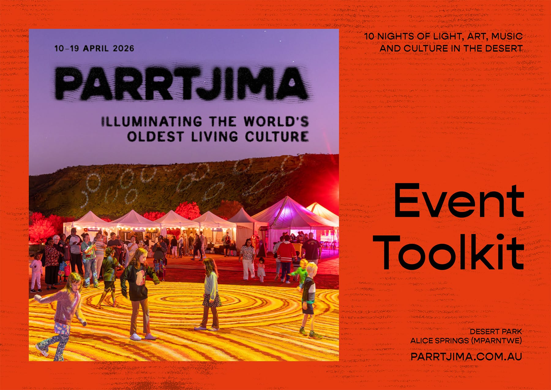 Parrtjima poster: night desert festival with illuminated concentric ground lights, tents and people.