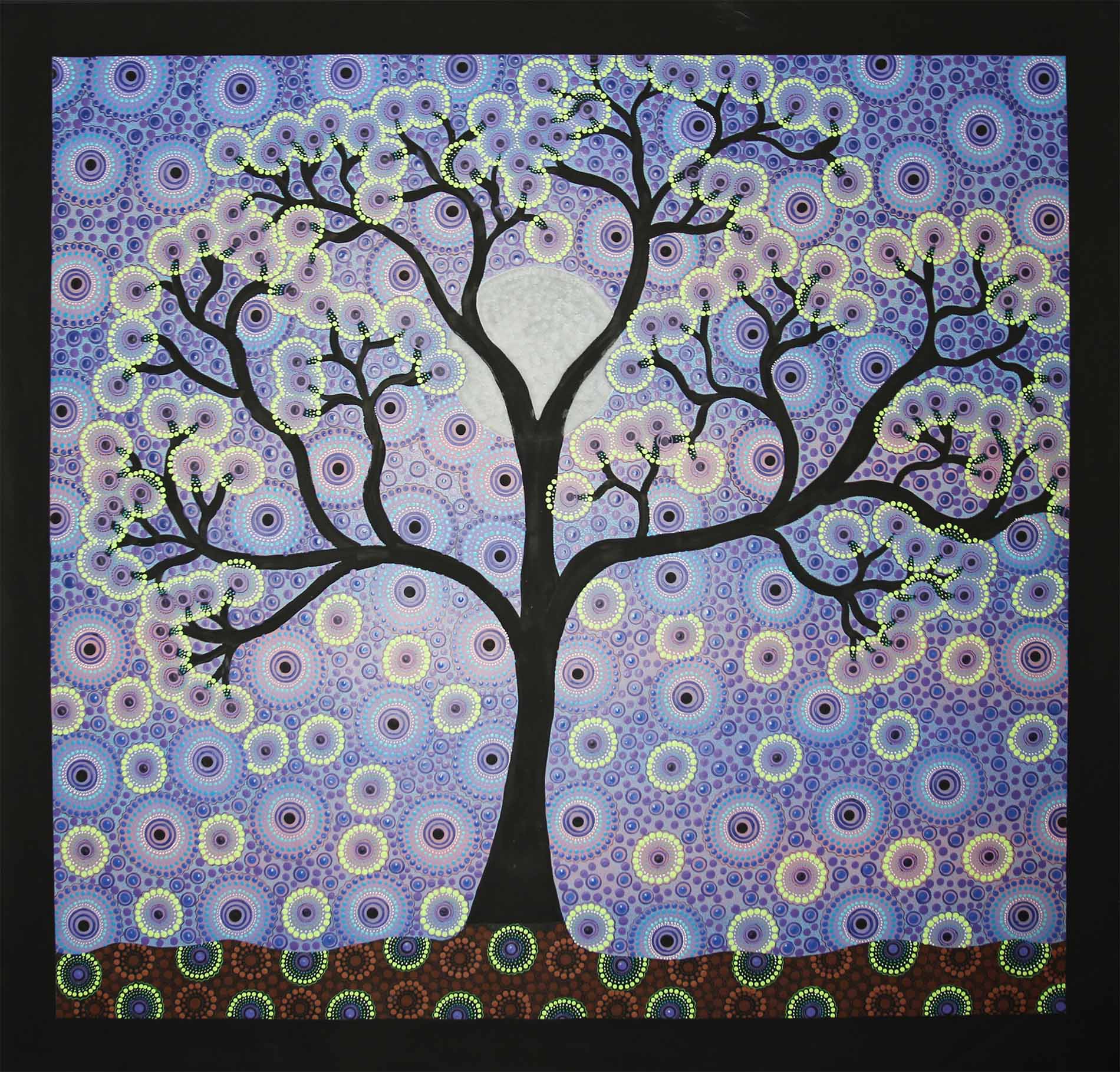Abstract painting of a tree with black branches, against a vibrant patterned background of purple and white circular dots.