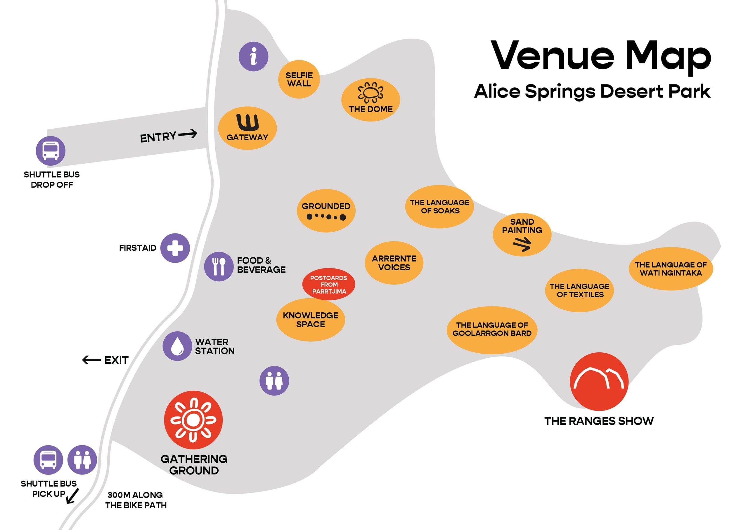 Venue map of Alice Springs Desert Park showing areas like "Selfie Wall," "Grounded," "Sand Painting," and shuttle bus locations.